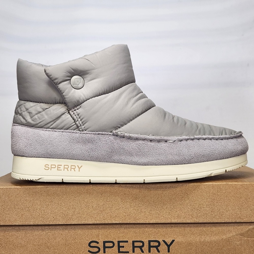Sperry Mocsider Bootie Women Size 7.5 Grey Puffy Nylon Suede Winter Boots